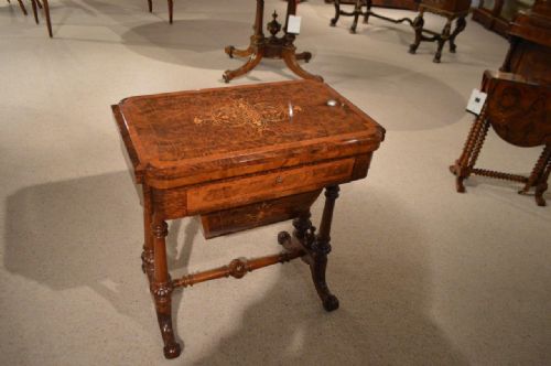 A Beautiful Burr Walnut Inlaid Victorian Period Games/sewing Table