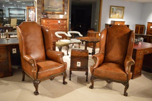 fig 1. A Stunning & Rare Pair of Leather George II Style Wing Armchairs