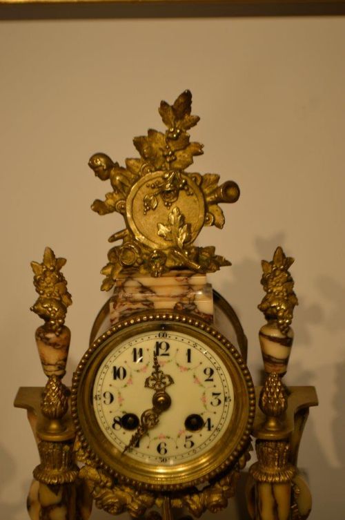 fig 1. A French Late 19th Century White Veined Marble & Ormolu Clock Garniture