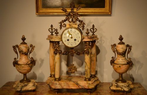 A Large French Late 19th Century Marble & Ormolu Clock Garniture