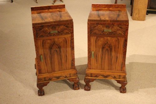 A Good Pair of Figured Walnut & Amboyna Art Deco Period Bedside Cabinets