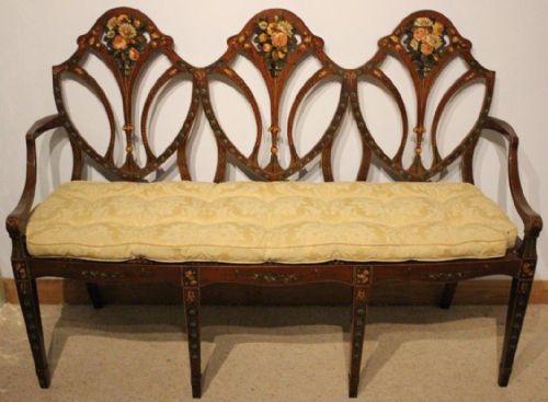 A Sheraton Revival Edwardian Period Triple Shield Back Painted Satinwood Settee.
