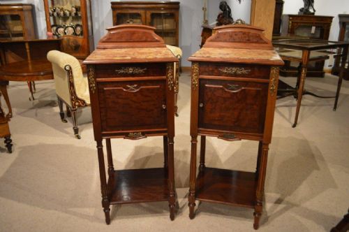 A Good Pair of Plum Pudding Mahogany French Marble Topped Bedside Cabinets