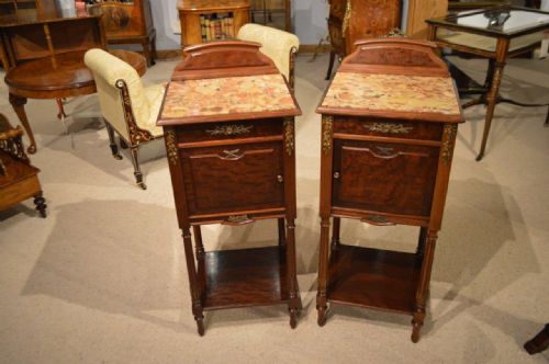 fig 1. A Good Pair Of Plum Pudding Mahogany French Marble Topped Bedside Cabinets