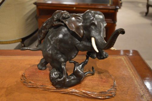 19th Century Meiji Period Japanese Bronze Elephant & Tiger Group