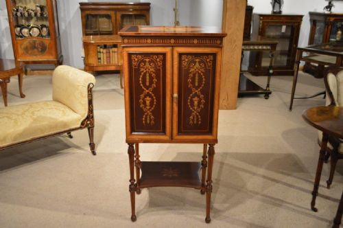 A Fine Quality Mahogany Inlaid Antique Music Cabinet by Edwards & Roberts of London