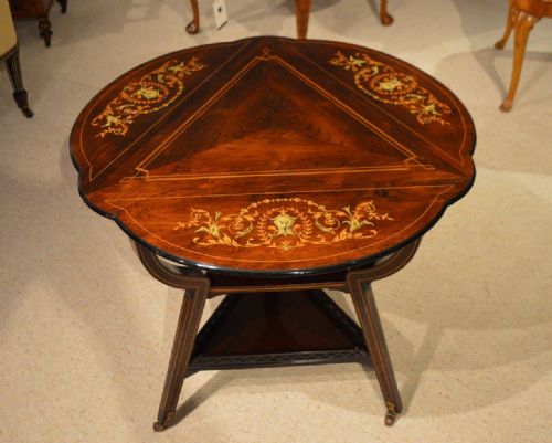 A Beautiful Rosewood & Marquetry Inlaid Late Victorian Period Triangular Drop Leaf Table