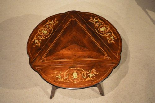 fig 1. A Beautiful Rosewood & Marquetry Inlaid Late Victorian Period Triangular Drop Leaf Table