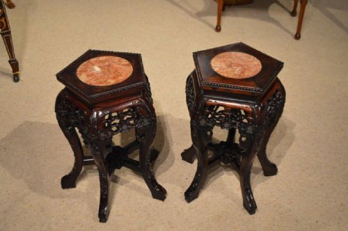 A Small Pair of Hardwood Chinese Marble Inset Stands