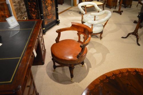 fig 1. A Walnut & Leather Late Victorian Period Antique Revolving Desk Chair