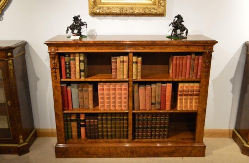 A Fine Quality Burr Walnut Victorian Period Antique Open Bookcase