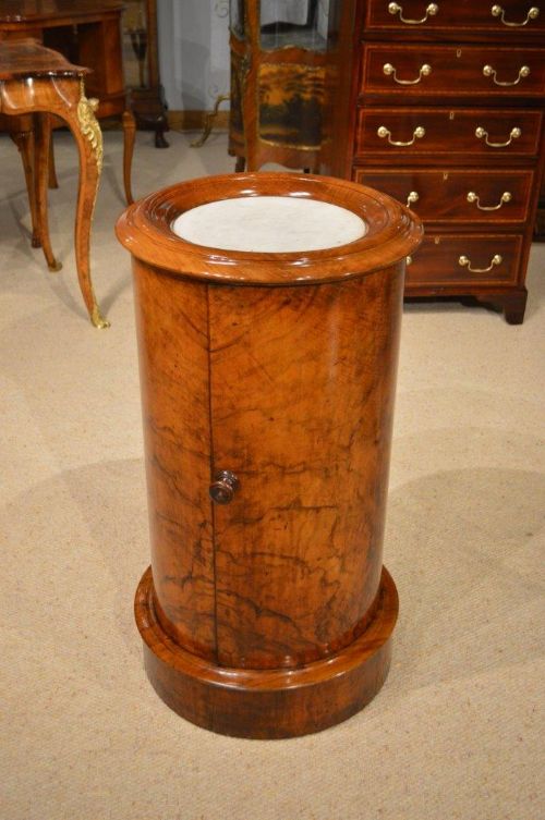 A Figured Walnut Victorian Period Cylindrical Antique Bedside Cabinet