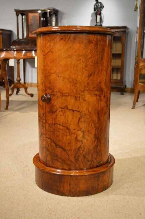 fig 1. A Figured Walnut Victorian Period Cylindrical Antique Bedside Cabinet