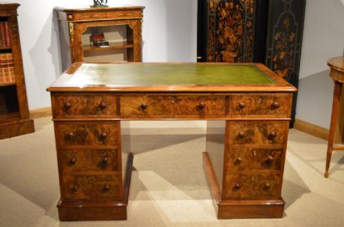 A Beautiful Burr Walnut Victorian Period Antique Pedestal Desk