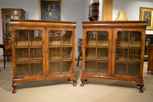 A Good Pair of George I Style 1920s Burr Walnut Antique Cabinets/bookcases
