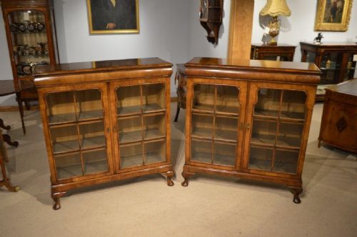 fig 1. A Good Pair Of George I Style 1920s Burr Walnut Antique Cabinets/Bookcases
