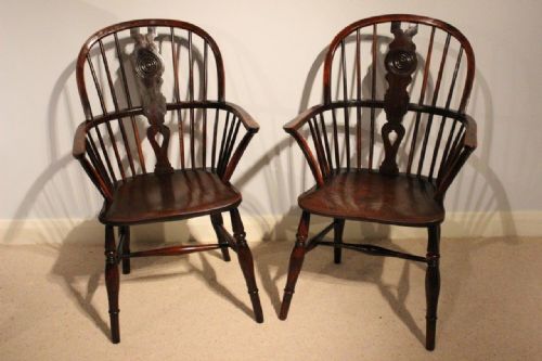A Pair of Yew Wood 19th Century Antique Windsor Armchairs