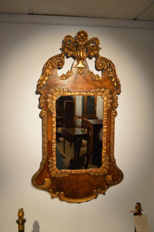 A Figured Walnut & Parcel Gilt George I Style Antique Wall Mirror