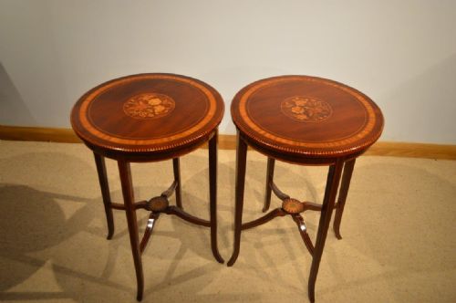 A Good Pair of Mahogany Inlaid Edwardian Period Circular Occasional/lamp/wine Tables