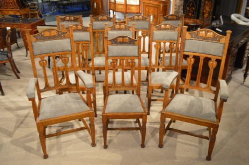 A Rare Set of 10 Oak Arts & Crafts Period Antique Dining Chairs