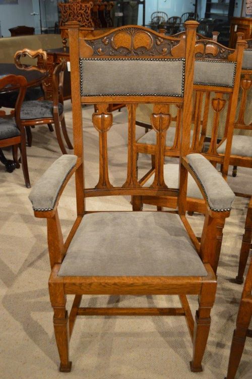 fig 1. A Rare Set Of 10 Oak Arts & Crafts Period Antique dining Chairs