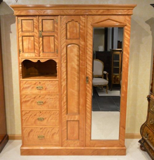 A Satin-birch Victorian Period Antique Combination Wardrobe