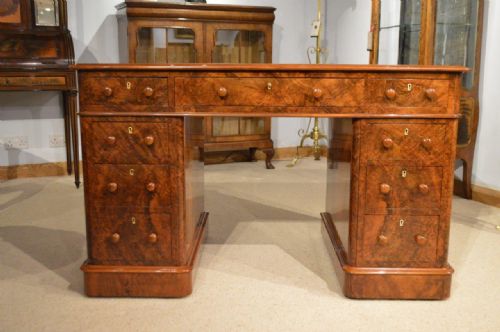 A Superb Quality Burr Walnut Victorian Period Antique Pedestal Desk