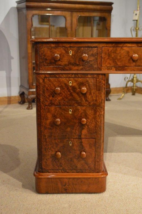 fig 1. A Superb Quality Burr Walnut Victorian Period Antique Pedestal Desk