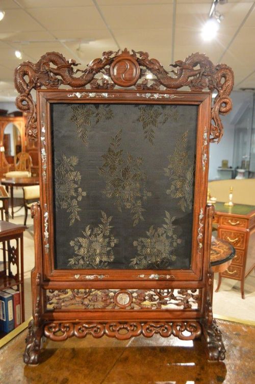 A Carved Chinese Hardwood & Mother of Pearl Table Screen