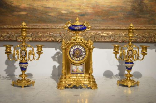 A Gilt Bronze 19th Century Antique Clock Garniture