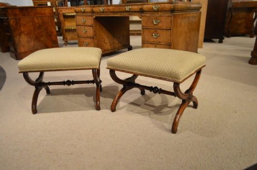 A Good Pair of Walnut Victorian Period X Framed Stools
