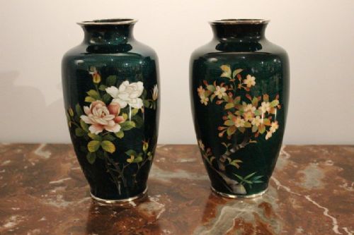 A Large Pair of Green Ground Ginbari Cloisonné Vases