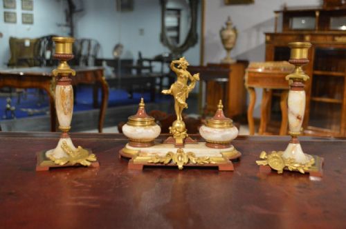 A Beautiful French Onyx & Ormolu Antique Desk Set