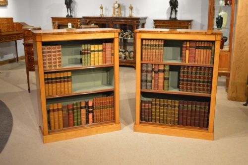 A Good Pair of Birds Eye Maple Edwardian Period Antique Open Bookcases