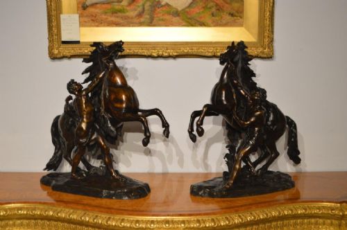 A Large Pair of Bronze Marley Horses After Coustou