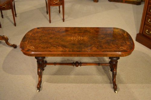 A Burr Walnut & Marquetry Inlaid Victorian Period Antique Coffee Table