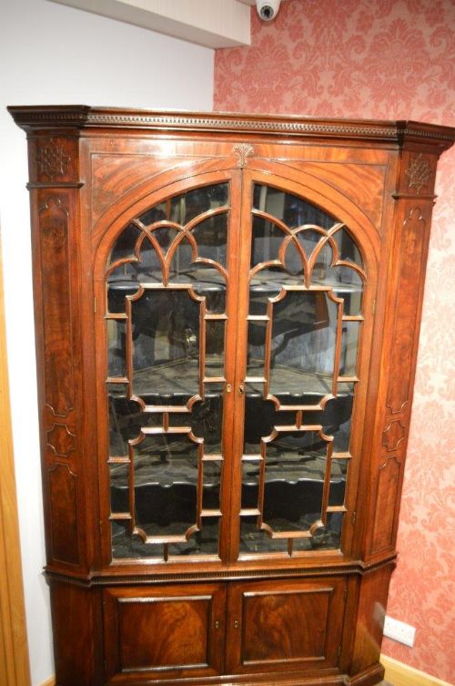 fig 1. A Mahogany George III Period Chippendale Inspired Double Corner Cabinet