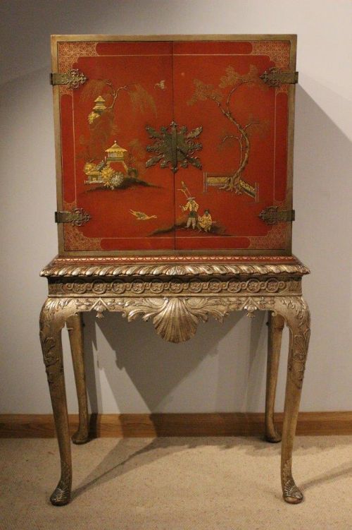 A Beautiful Red Lacquer George I Style Cocktail Cabinet on Stand