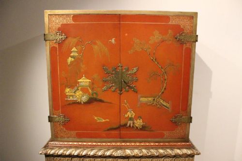 fig 1. A Beautiful Red Lacquer George I Style Cocktail Cabinet On Stand