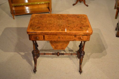 A Walnut, Amboyna & Marquetry Inlaid Victorian Period Fold Over Card/sewing Table