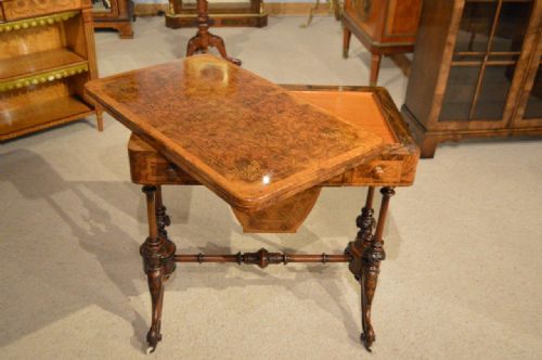 fig 1. A Walnut, Amboyna & Marquetry Inlaid Victorian Period Fold Over Card/Sewing Table