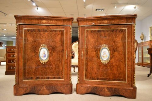 A Good Pair of Burr Walnut Victorian Period Antique Pier Cabinets
