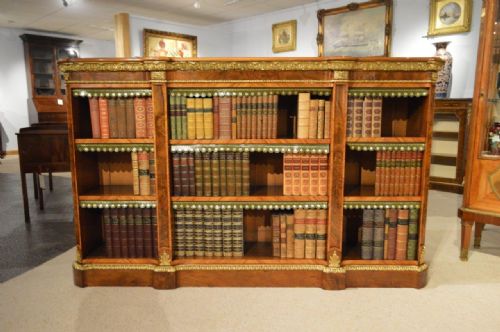 A Stunning Quality Burr Walnut & Ormolu Mounted Victorian Period Open Bookcase