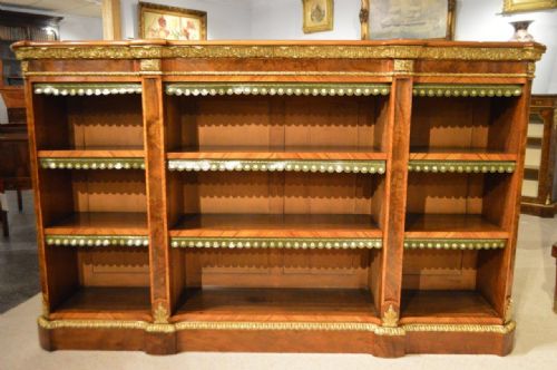 fig 1. A Stunning Quality Burr Walnut & Ormolu Mounted Victorian Period Open Bookcase