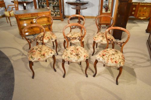A Good Set of 6 Walnut Victorian Period Balloon Back Dining Chairs