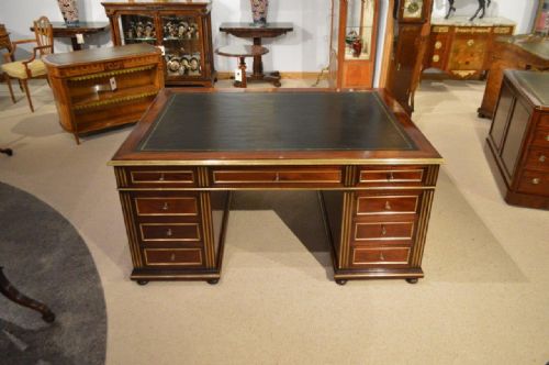 A Large Late 19th Century French Mahogany & Brass Inlaid Partners Desk