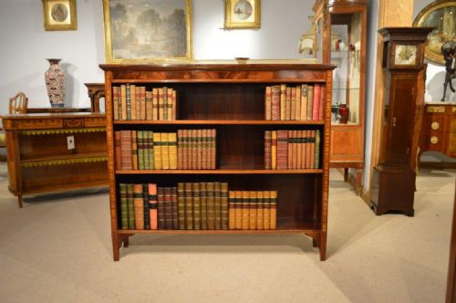A Beautiful Mahogany Inlaid Edwardian Period Antique Open Bookcase by James Shoolbred