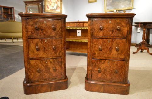 A Beautiful Pair of Burr Walnut Victorian Period Bedside Chests