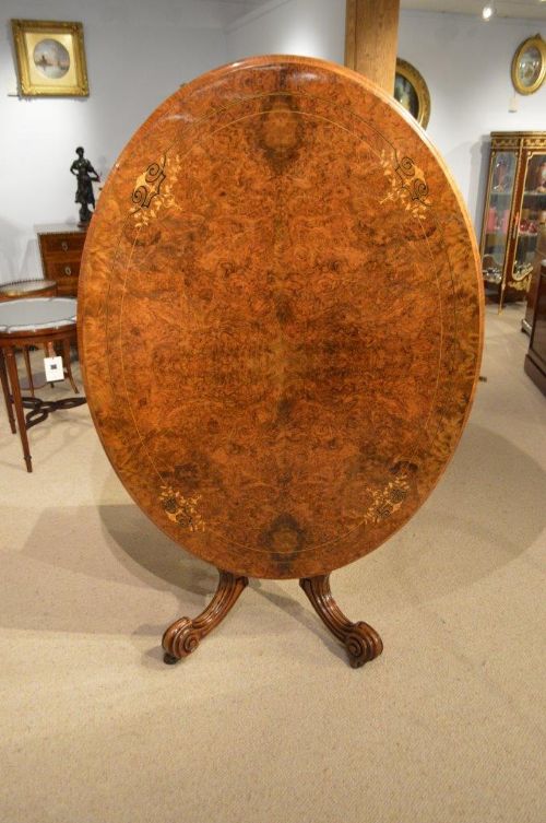 A Burr Walnut & Marquetry Inlaid Victorian Period Oval Loo Table