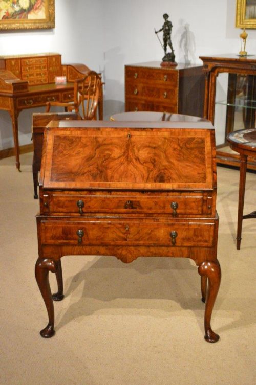 A Figured Walnut George I Style Antique Bureau on Stand